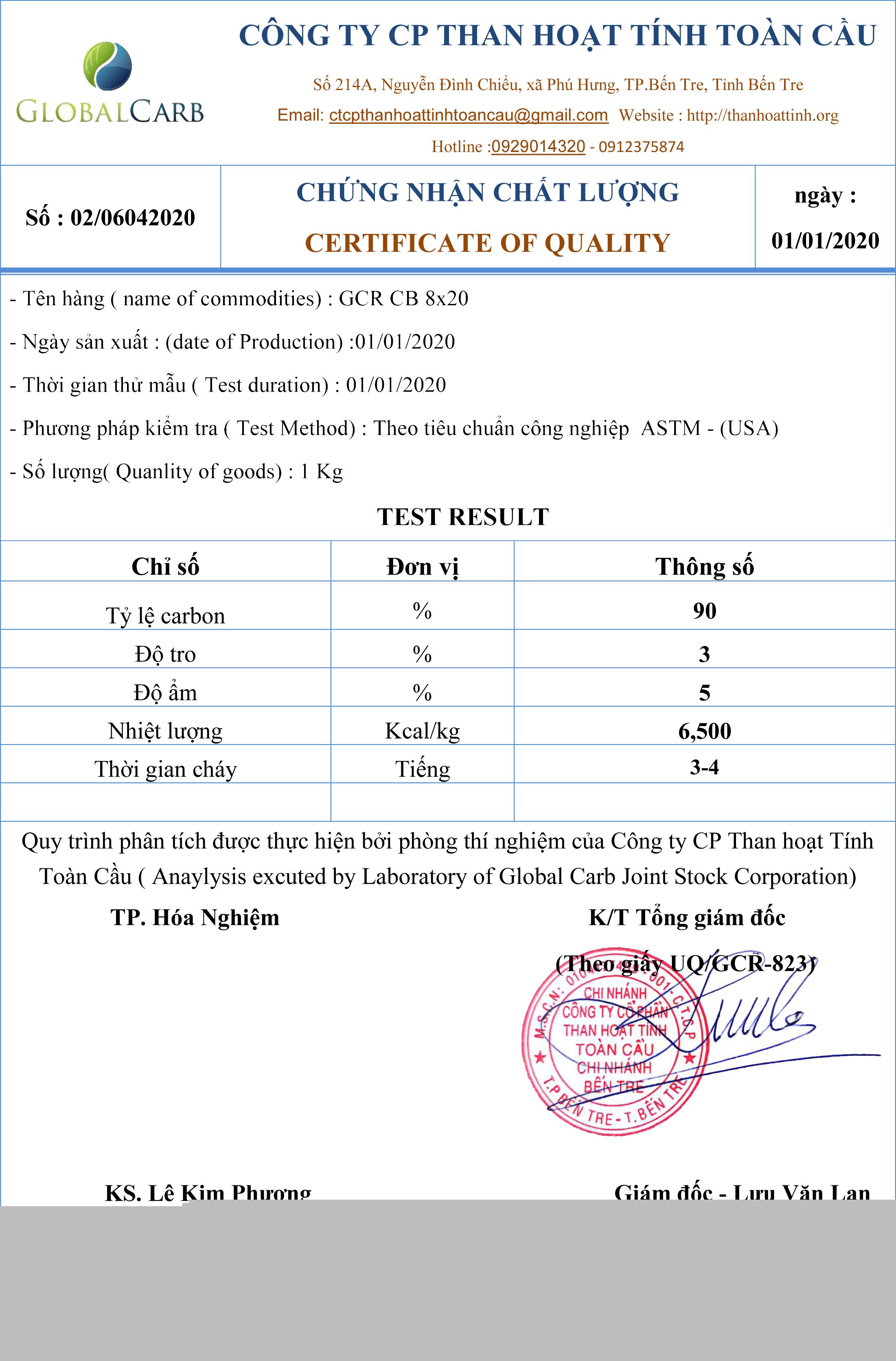 Chứng nhận chất lượng của than nướng BBQ do Công ty CP Than hoạt tính toàn cầu sản xuất